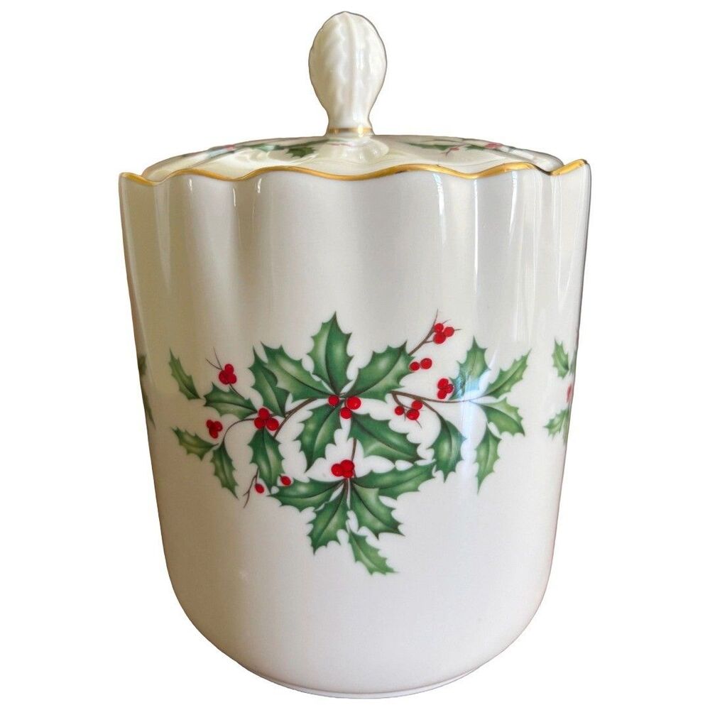 LENOX Holiday Christmas Biscuit Candy Jar Canister W Lid Made USA 6"